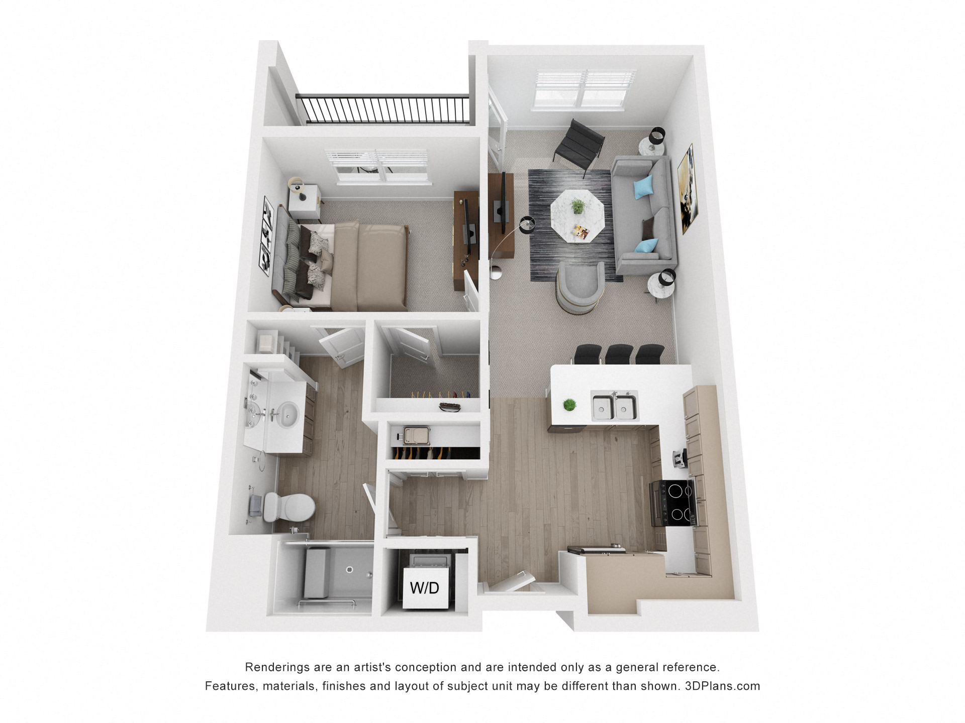 Floor plan for 1 bed, 1 bath, 713 sqft